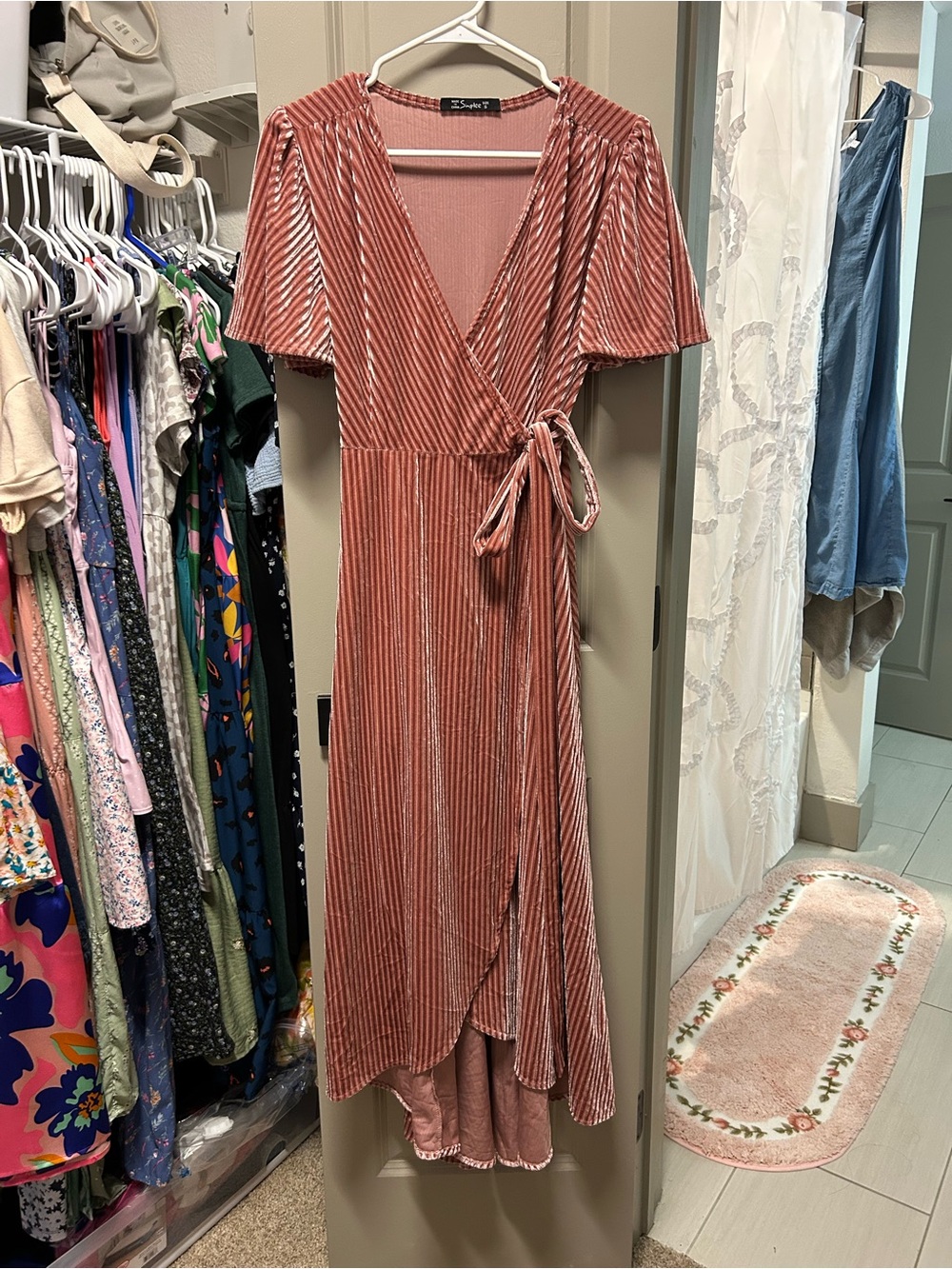 Simple Dusty Rose Velvet Wrap Maxi Dress